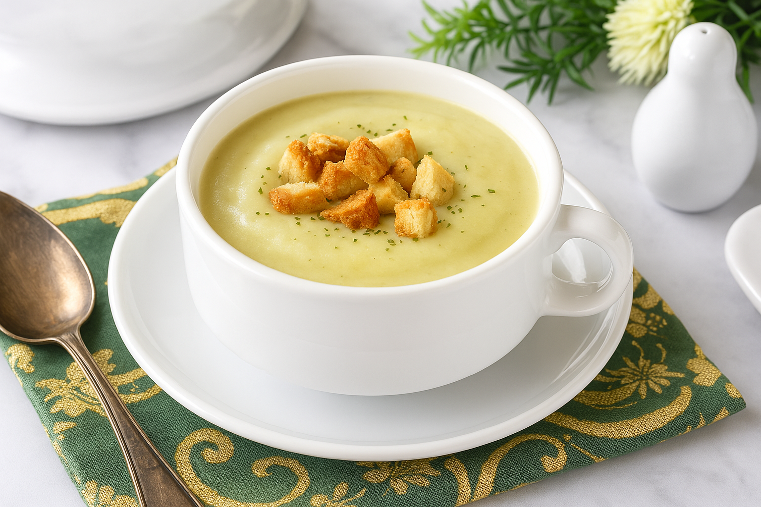 Sopa cremosa de puerro servida con crutones en un tazón blanco
